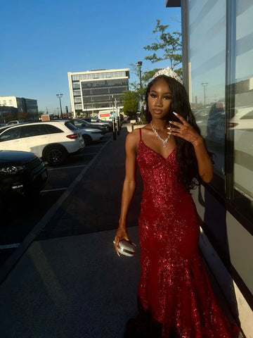 Niulatu Spaghetti Strap Mermaid Long Prom Dresses Sequin Burgundy New Year's Eve Dress Birthday Dresses HZ1026